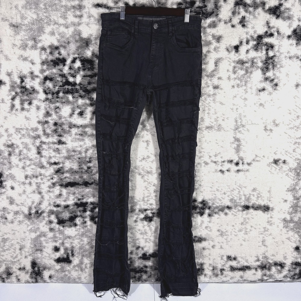 Rockstar Original Stretch Flare Fit Jeans Mens Size 32x36 Black Ripped Destroyed